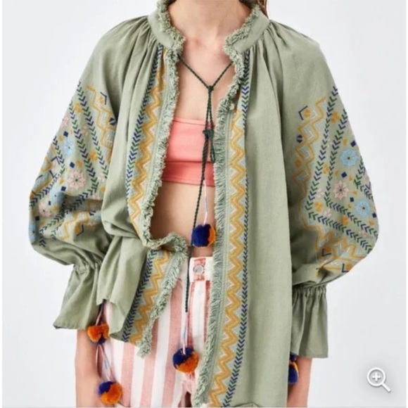 Zara Tops - Zara TRF Collection Embroidered Pom Pom Ties Green Open Boho Top Size Small